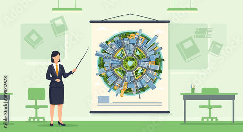 Lecturer Explaining a Circular Urban Environment Concept in a Bright Classroom Setting