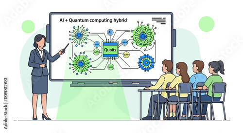 Lecturer explains the AI Quantum computing hybrid to a group of students audience
