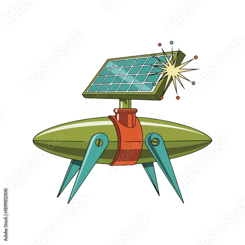 Whimsical retro-futuristic solar-powered device illustration. Green cartoon robot with a shining solar panel, symbolizing renewable energy and sustainable technology.