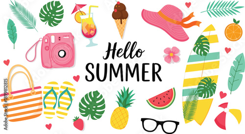 WebColorful summer vacation collection featuring flat vector icons of surfboard camera cocktail pineapple ice cream and tropical leaves for beach designs