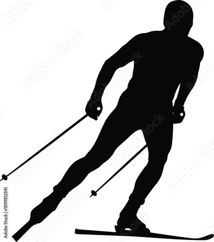 Alpine skier silhouette carving turn downhill with ski poles illustration