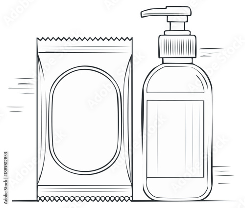 Illustration of hand sanitizer bottle and a single-use wipe, sanitary supplies