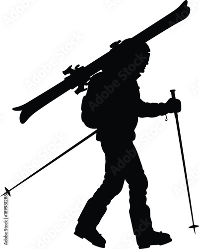 Backcountry skier silhouette carrying skis on shoulder while hiking illustration