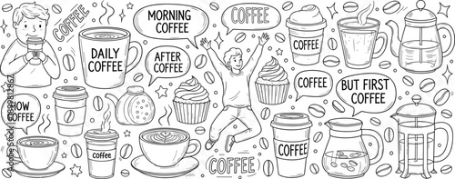 WebHand drawn coffee doodle collection featuring line art of mugs cups beans cupcakes and people for cafe menu and branding designs