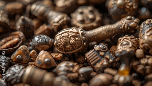 Bronze Decorative Items and Trinkets Arranged on a Textured Surface in a Clos...
