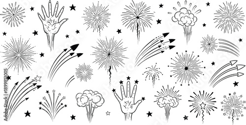 Hand drawn firework collection featuring black and white line art of celebratory explosions stars and reaching hands for festive party designs