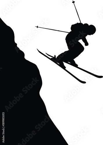 Extreme skier silhouette jumping off steep cliff in alpine mountain illustration