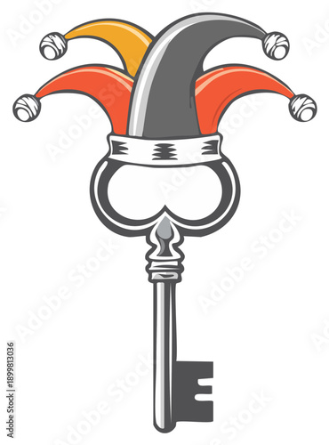 Jester's Key: Symbolic Image of Humor and Access Featuring a Jester Hat Topping an Ornate Key