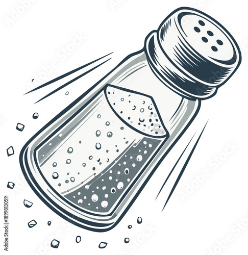 Cartoon Salt Shaker: Retro Style Illustration of Spices Flying Out with Dynamic Motion and Food Seasoning