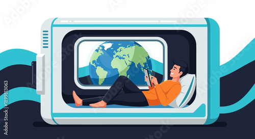 Man in capsule browsing global digital content futuristic lodging experience vector art