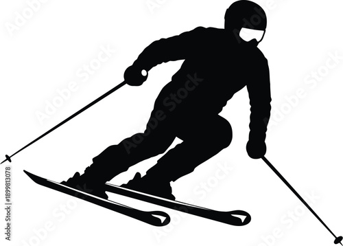 Alpine skier silhouette carving fast downhill turn with ski poles illustration