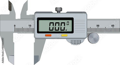 Digital vernier caliper vector illustration showing precise electronic measurement for engineering, machining, quality control, and industrial inspection applications.