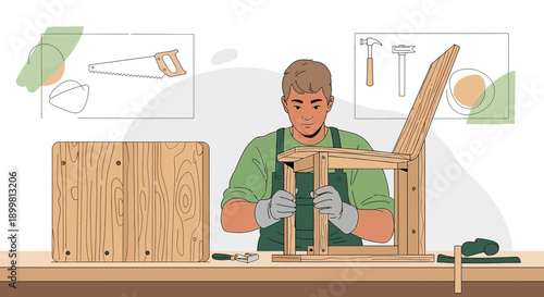 Man is assembling a wooden chair in his workshop with tools displayed as a visual aid