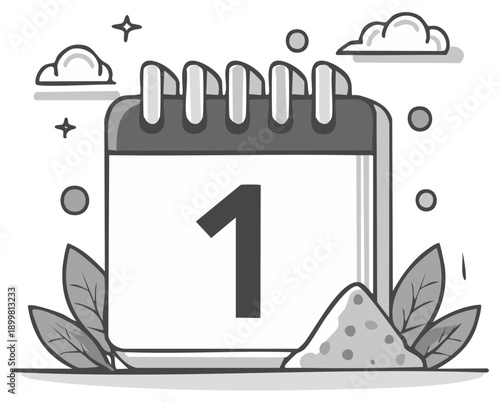 Illustration of a calendar page with the number one and decorative elements
