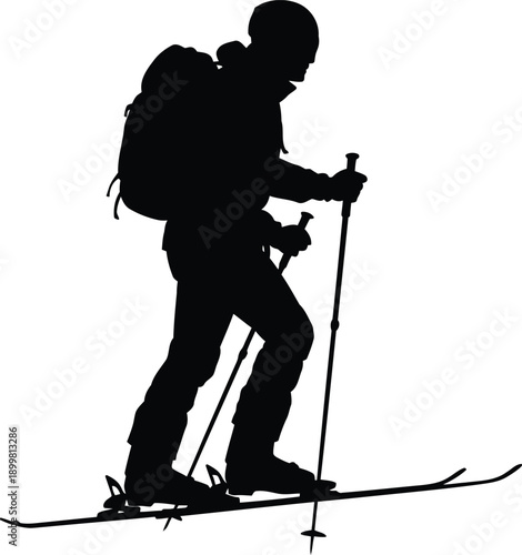 Backcountry skier silhouette hiking uphill with backpack and poles illustration