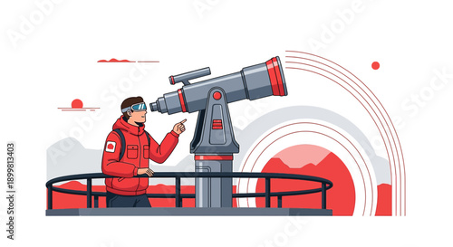 Man using a telescope to observe a distant landscape with geometric background designs
