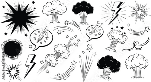 Black and white comic explosion collection featuring lightning bolts smoke clouds stars and pop art blast elements for action designs