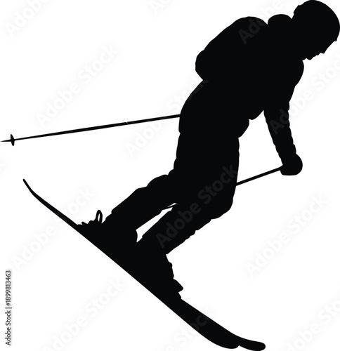 Dynamic skier silhouette descending steep slope with ski poles illustration