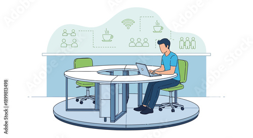 Man works on laptop at futuristic conference table with collaboration icons backdrop