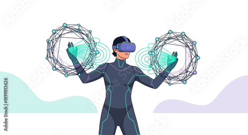 Metaverse interaction through virtual reality interface and futuristic digital world concept