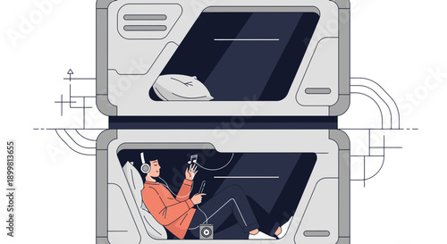 Minimalist illustration of modern capsule hotel offering comfort and solitude with futuristic