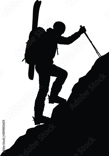 Mountain climber silhouette hiking uphill with skis and poles illustration
