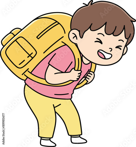 Cartoon child with backpack, heavy school bag, smiling student, cute illustration, posture concern, education theme, cheerful kid, vector art, colorful design