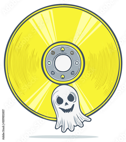 Yellow CD with Ghost Symbolizing Digital Media, Halloween Theme, Old Data, Vector Illustration