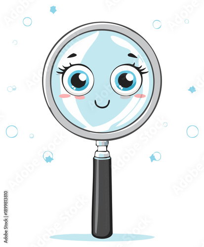 Cute cartoon magnifying glass with happy face and big eyes