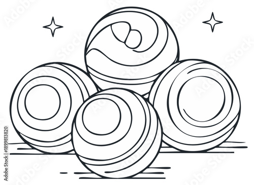 Festive Christmas baubles outline illustration for coloring book or design projects with sparkling stars