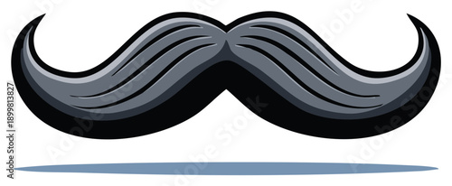 Stylized black handlebar mustache illustration with curving ends and subtle gray shading