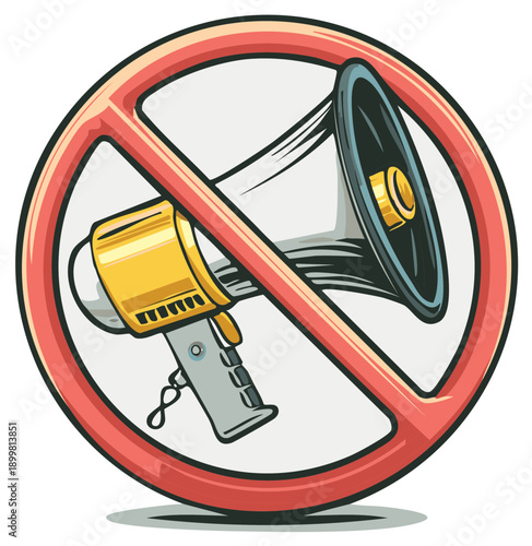 Megaphone Prohibition Sign Denoting Silence and Quiet with a Red Circle Around a Loudspeaker