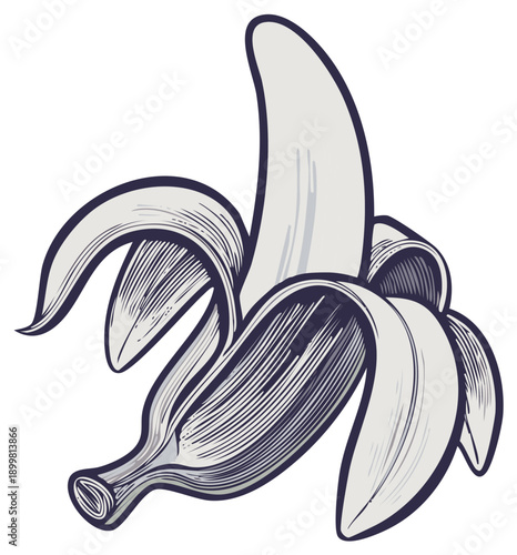 Hand-drawn illustration of a peeled banana with dramatic cross-hatching details