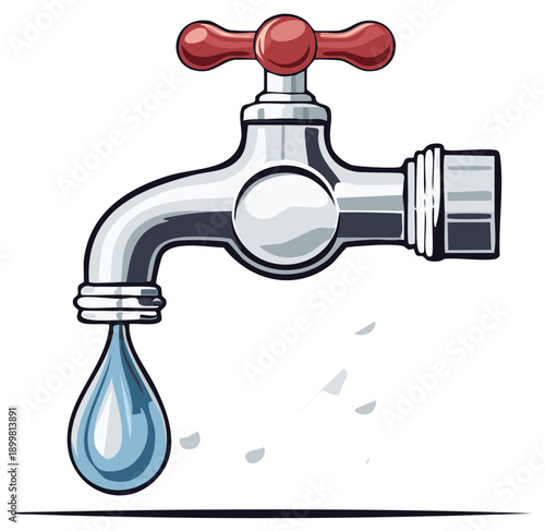 Cartoon tap illustration with dripping water drop, red handle, isolated on white