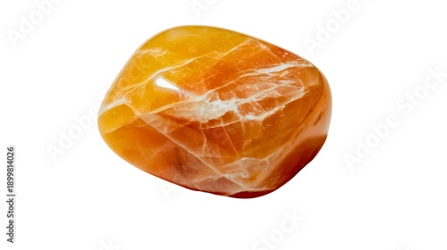 Polished Orange Calcite tumbled stone isolated, bright orange mineral with white banding, sacral chakra crystal, creativity booster, energy stone.