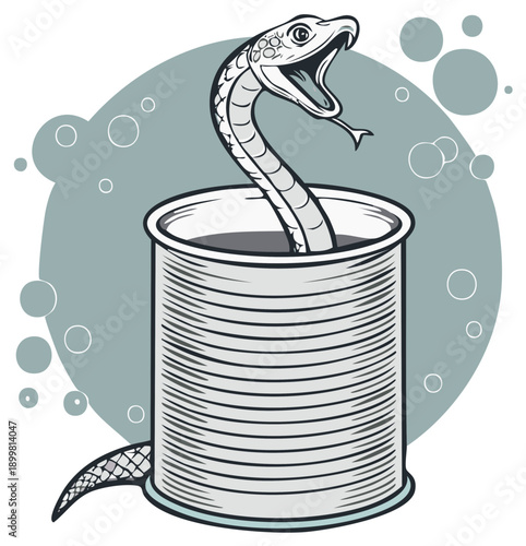 Surprise Snake Emerging from an Open Can Cartoon Illustration