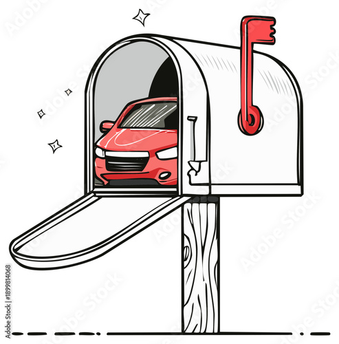 Red car fits perfectly inside a classic white mailbox with flag raised and shining stars