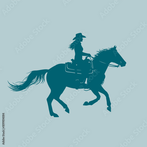 Silhouette of a cowgirl wearing a wide brimmed hat riding a galloping horse with flowing mane and tail depicted in a flat minimalist graphic style with a teal color palette