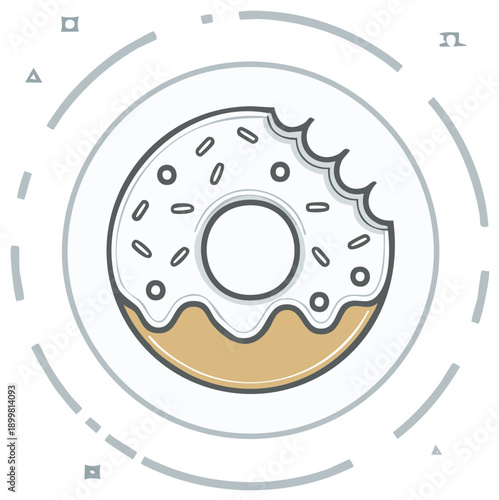 Bitten frosted donut with sprinkles isolated in circular decorative frame stylized illustration
