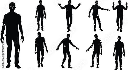 Black zombie silhouette collection featuring scary walking undead figures in various poses for horror movie posters and Halloween party designs