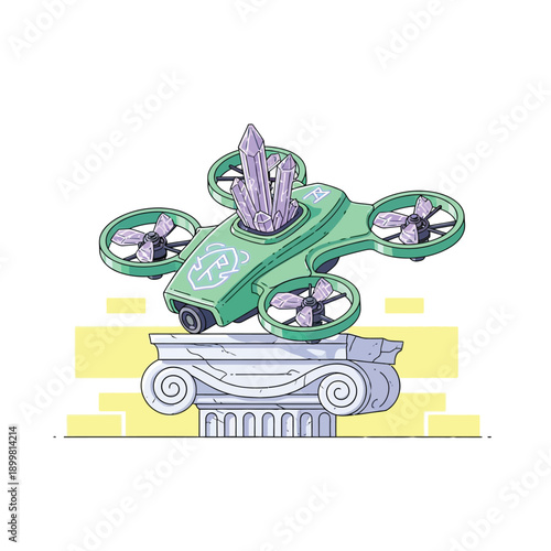 Neon Drone Carrying Purple Energy Crystals on Ancient Column. Modern technology juxtaposed with classical ruins. Vector illustration.