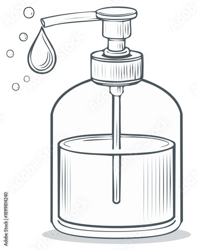 Hand soap dispenser sketch drawing showing droplet sanitation and hygiene