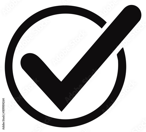 Black check mark in circle graphic, isolated, approval symbol for validation, completion or acceptance