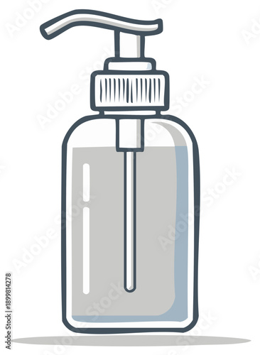 Cartoon-style hand sanitizer dispenser with a neutral, sterile aesthetic for hygiene.