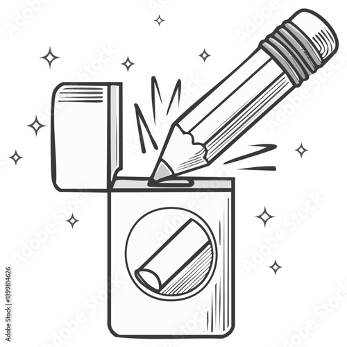 Pencil being sharpened in a vintage pencil sharpener with sparkling graphic elements for highlighting.