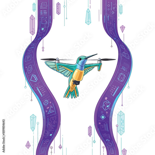 Hybrid Hummingbird Drone Vector Illustration. Futuristic Bio-Surveillance Cybernetic Bird Flying Above Digital Data Streams and Abstract Crystals.