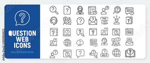  Question web icons in line style. Question mark, insecure person, confused, quiz question, collection. Editable stroke. Vector illustration. 