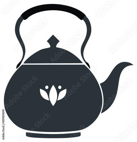 Elegant dark gray kettle icon with handle and white lotus flower design isolated illustration