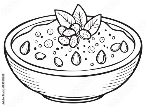 Simple Line Drawing of Hummus Bowl Topped with Pine Nuts and Basil Leaves