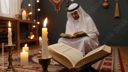 Man in traditional Arabic attire reading Quran with candles, for Ramadan or Islamic